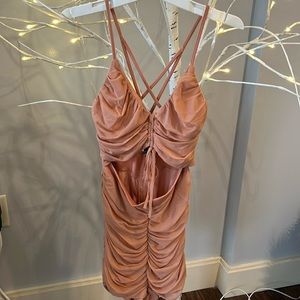 Privy brand blush orange ruched romper crisscross and zipper back
